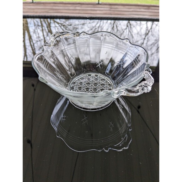 Vintage Clear Depression Glass 5" Small Etched Bowl Basket Weave MCM Handles - Picture 1 of 12